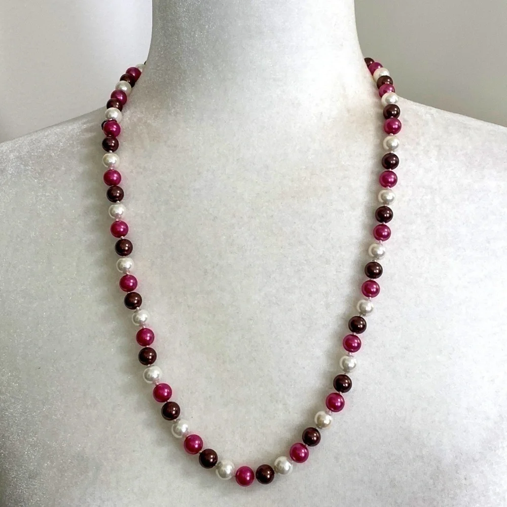 Genuine Freshwater Pearls Strand Necklace /Multicolor Pink Burgundy White
